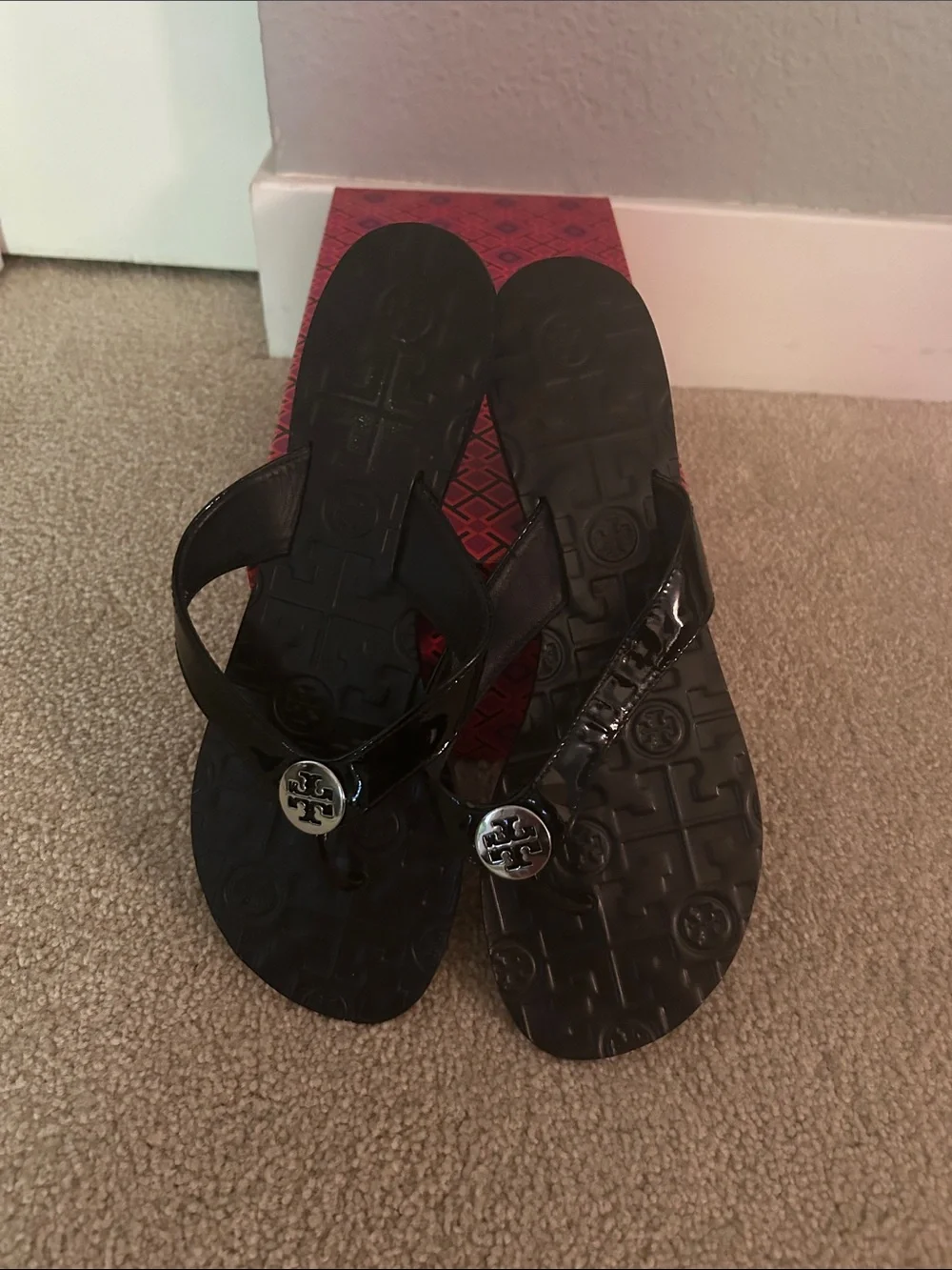 Tory Burch Black Patent Logo Thong Sandals